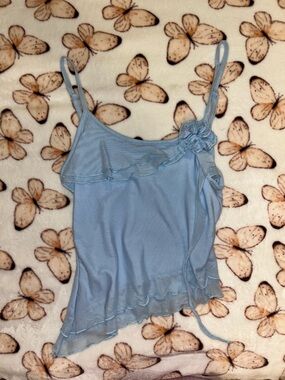 SHEIN Light Blue Ruffle One-Shoulder Tank Top